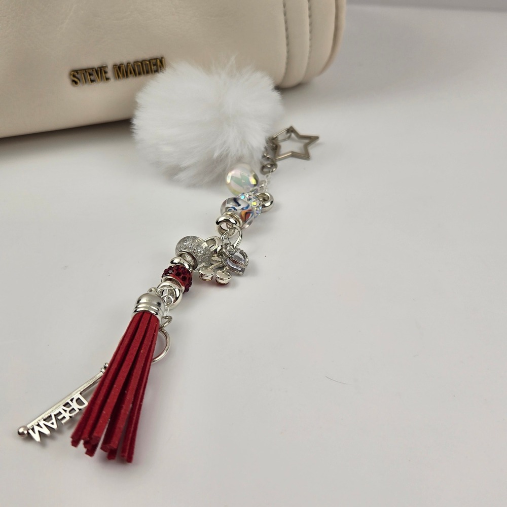 Handmade White Pom Pom Red Tassel Dream Key Bag Charm Keychain Star Clasp